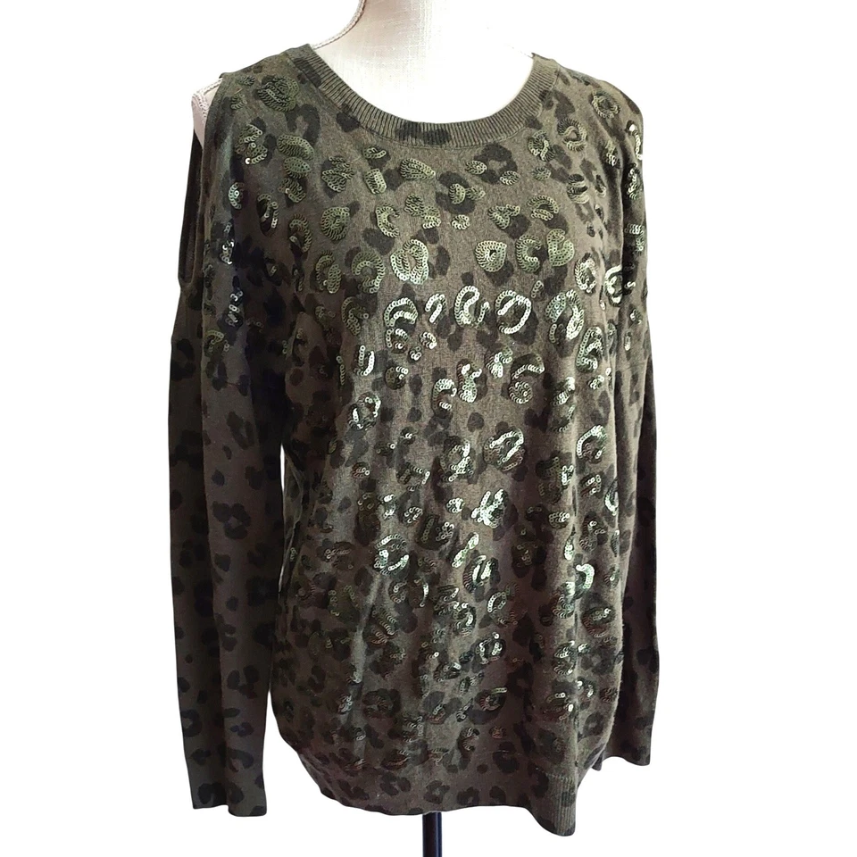 INC Leopard Animal Print Cold Shoulder Sequin Sweater Army Green Women's Size L - Image 1 of 4