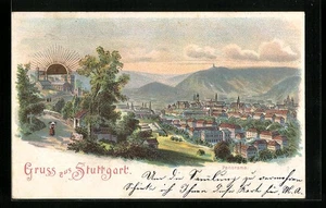 Lithographie Stuttgart, Panorama mit aufgehender Sonne 1900  - Picture 1 of 2
