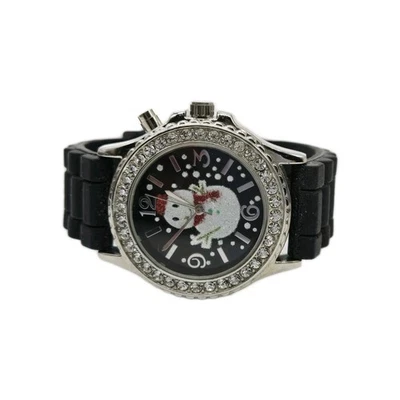 Рождественские часы снеговик черный резиновый ремешок серебристый тон новый аккумулятор кристалл винтажный - Изображение 1 из 4