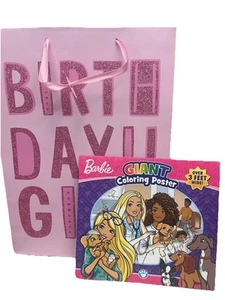 Girl’s Large Gift Bag with Tissue Paper and Barbie HugeColoring Poster Set Of 3 - Picture 1 of 5