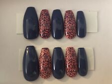 blue and orange with flowers press on nails