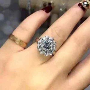1.50 Ct Real Moissanite Anniversary Gift Flower Ring 14k White Gold Plated - Picture 1 of 10