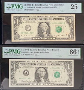 Matched SERIAL NUMBER $1 Bank NOTES A 00000181 A (2 NOTES) - Picture 1 of 3