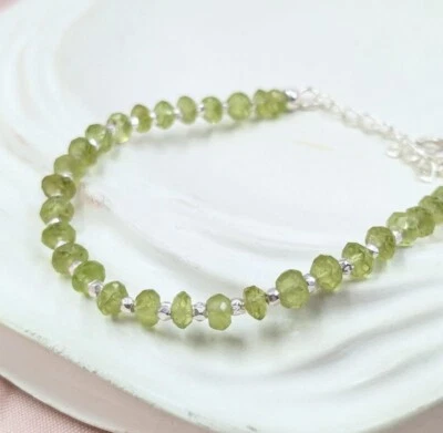 Green Peridot 3-4MM Faceted Rondelle Gemstone Silver Filled Beads Bracelet 6-8" - Image 1 of 4