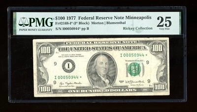 DBR 1977 $100 FRN Minneapolis STAR Fr. 2168-I* PMG 25 Serial I00050944* - Image 1 of 2