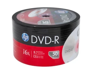 50 paquetes de discos HP DVD-R con logotipo de marca; 16X 4,7 GB 120 minutos superficie plateada mate con logotipo - Imagen 1 de 4