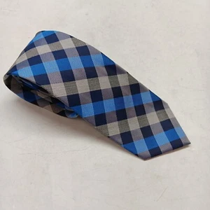 Croft & Barrow Tie - 3 Blue Gray Grey Plaid Silk Polyester Necktie 57" x 3.25" - Picture 1 of 6