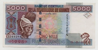 GUINEA 5000 FRANCS 1998 PICK 38 LOOK SCANS - Image 1 of 2