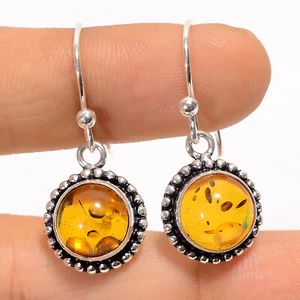 Baltic Amber Gemstone 925 Silver Handmade Dangle Earrings 1.2" ARE-4392 - Picture 1 of 3