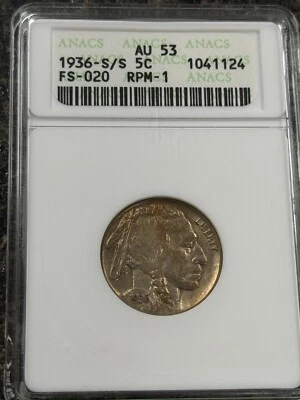 1936-S/S AU53 Anacs Soapbox Buffalo Nickel FS501 Variety Old Holder Toned - Image 1 of 3