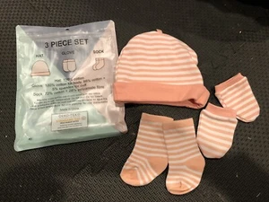 NEW Oeko-Tek Standard 100 Baby Girl Pink Striped Hat Gloves Mittens Newborn Set - Picture 1 of 2