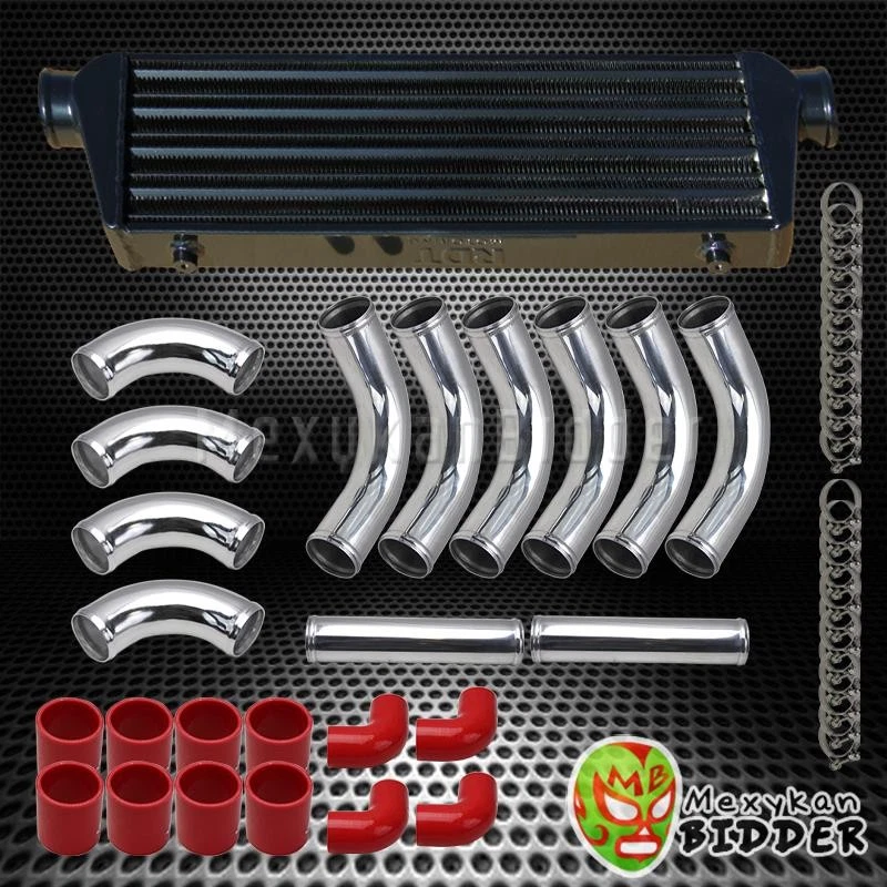 Kit de tuberías cromadas intercooler negro universal de 3" 12 piezas + acoplador rojo + abrazaderas en T Foto 1 de 1