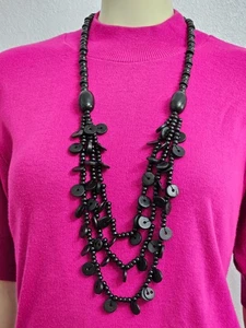 Vintage Gerda necklace black 3 strand 20" long light weight 2.25 oz coconut wood - Picture 1 of 9
