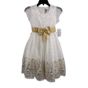 Rare Editions White Dress Special Occasions Gold Accents Full Skirt Size 10 New - Picture 1 of 7
