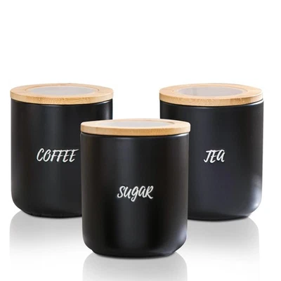 Juego de 3 Botes de Cerámica Negra, Hermético, Café Té Azúcar, Encimera Foto 1 de 4