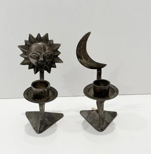 Vintage Metal Celestial Moon and Sun Candle Holders, 5.5" Made in India, UK RARE - Picture 1 of 4