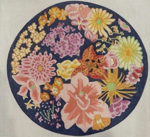 Vintage Zubies Needlepoint Canvas Flowers Tiger Lilly Dianthus Round Navy 13ct - Picture 1 of 10