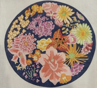 Vintage Zubies Needlepoint Canvas Flowers Tiger Lilly Dianthus Round Navy 13ct - Image 1 of 4