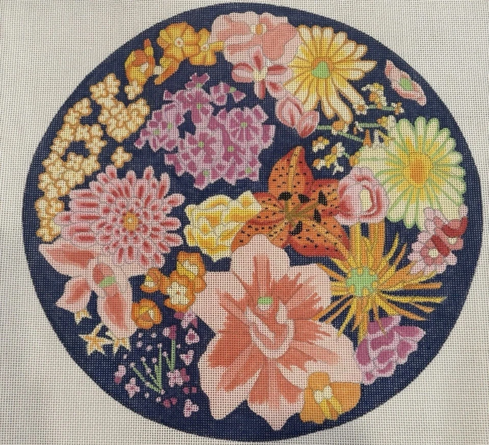 Vintage Zubies Needlepoint Canvas Flowers Tiger Lilly Dianthus Round Navy 13ct - Image 1 of 4