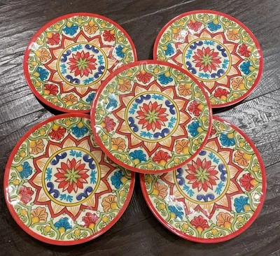 Better Homes Gardens Red Damask Melamine Salad Plates Colorful Set of 5 NEW Boho - Image 1 of 4