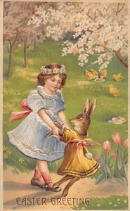 Vintage Easter Anthropomorphic Girl in Felt Fabric Dress Dancing with Rabbit - Picture 1 of 2