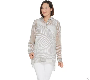 Dennis Basso Printed Chiffon Long-Sleeve Tunic with Tank, Neutral, 1X - Picture 1 of 7