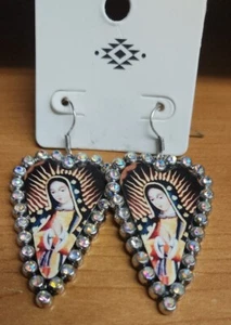 Earrings Virgin De Guadalupe Dangle Rhinestones Hearts Vinyl - Picture 1 of 6