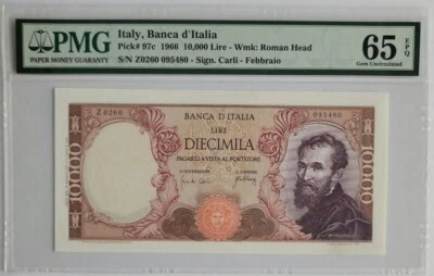 1966 Italy 10000 Lire Banca d'Italia Pick# 97c PMG 65 - Image 1 of 4