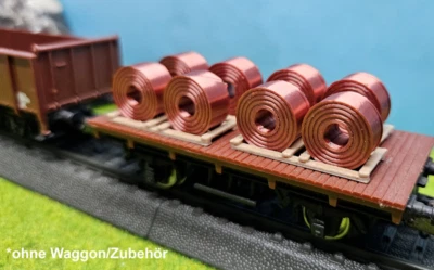 3D-SCALE Spur H0 1:87 Kupfer Coils gewickelt mit Holzbock als Ladung für Güterwagen, Deko