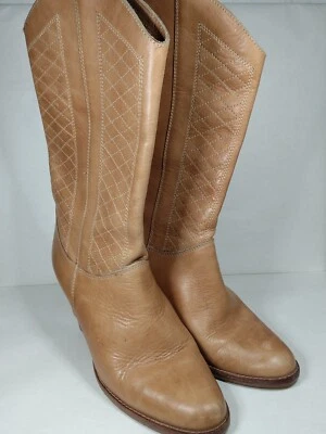 Vtg Nine 9 West Womens 8.5 B Boot Saddle Tan Leather Stitched Heel Pointed Toe - Image 1 of 4