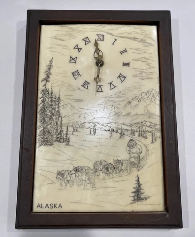 Alaska Wall Clock Etched Scene on Cultured Marble, Driver and Dog Sled Cover