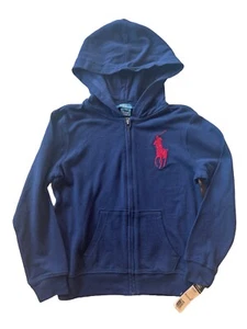 NWT POLO Ralph Lauren Boys 7 Navy Blue Big Pony Hoodie Jacket Full Zip Cotton - Picture 1 of 5