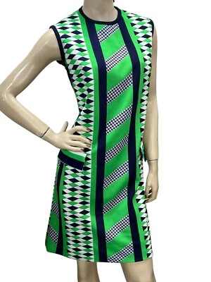 Vtg  60s M~L MOD Knit SCOOTER Dress GEOMETRIC Diamond Stripe Green Blue "Prissy" - Image 1 of 4