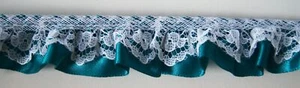 3 Yds. White Lace on Teal Green 7/8" Ruffled Soft Shiny Satin Ribbon LG-318t - Picture 1 of 1