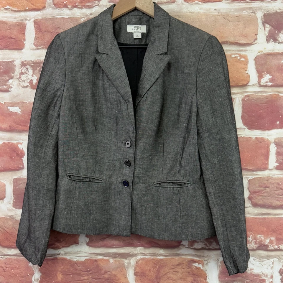 Ann Taylor Loft Blazer Womens 10P Gray Black Linen Blend Career Work Jacket - Image 1 of 4