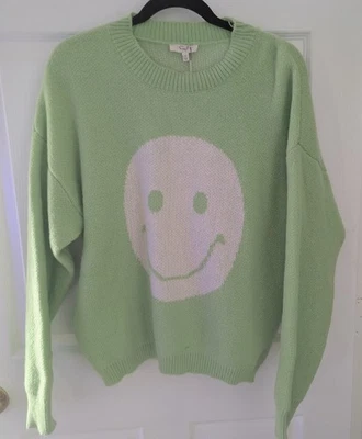 Suéter para mujer Easel Smiley Face verde lima talla pequeña Foto 1 de 4