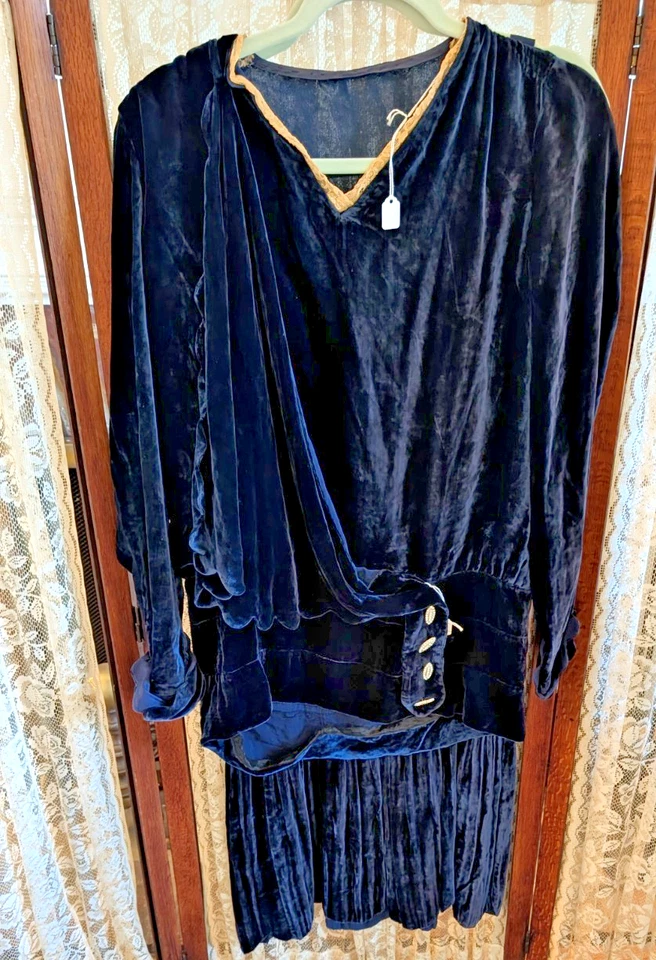 Vestido Vintage Años 20 Art Deco Terciopelo Azul 2 Piezas Aleta Detalles Estrás M Foto 1 de 4