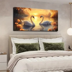 Elegant Swans By The Lake With Autumn Unframed Canvas Painting for Living - Foto 1 di 6
