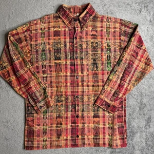 Vintage Guatemala Woven Ethnic Maya Aztec Button Up Shirt XXL Tall Button Up Red - Picture 1 of 7