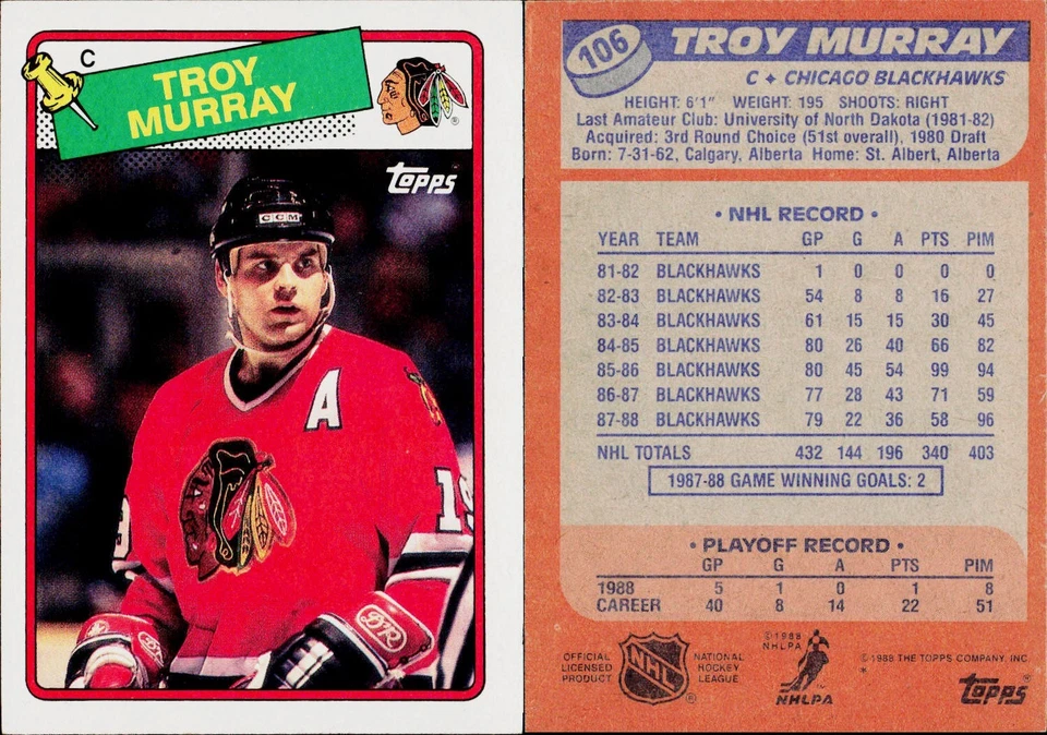 1988-89 Topps Hockey Card #106 Troy Murray - Image 1 of 1