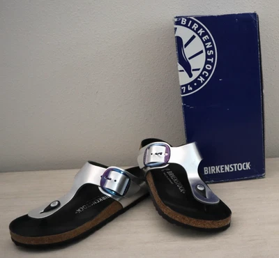 Sandalias Birkenstock para mujer EUR 37 US 6 de cuero plateado metálico Giza con hebilla grande Foto 1 de 4