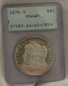 1878 S RATTLER OGH MORGAN SILVER DOLLAR PCGS MS 64 PL CAMEO MIRRORS PROOF LIKE - Picture 1 of 7