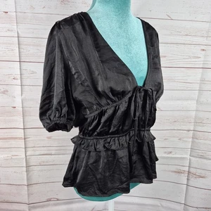 Lush Womens Size Large Black Satin Top Whimsigoth Coquette Y2K Grunge Peplum  - Bild 1 von 9