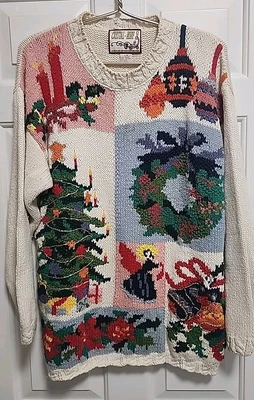 Vintage Christmas Collage Holiday Thick Knit Crew Neck Sweater ~ Large - Image 1 of 4