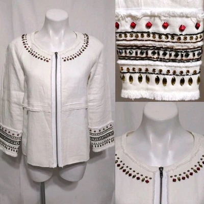 Elizabeth & James Off-White Linen Bejeweled Fringe Blazer Jacket US 8 Chic Fall  - Image 1 of 4