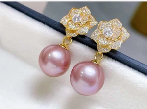 PAIR 11MM SOUTH SEA GENUINE PURPEL LAVENDER PERFECT ROUND PEARL EARRING AAA 3288 - Picture 1 of 3