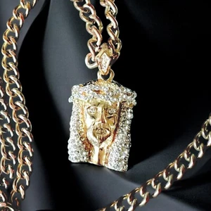 Goldton Jesus Stück Anhänger ausgefroren kubanisches Glied Kette Halskette - Bild 1 von 8