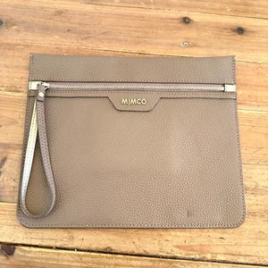 Mimco Wrist Bag Pouch Leather Handbag Slim Party Formal Taupe Womens Gold Taupe - Picture 1 of 24