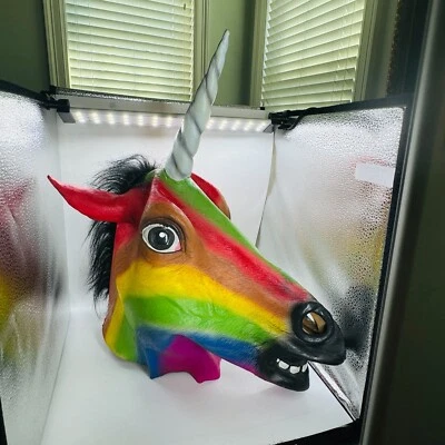 Magical Rainbow Unicorn Costume Latex Mask Full Head - Image 1 of 4