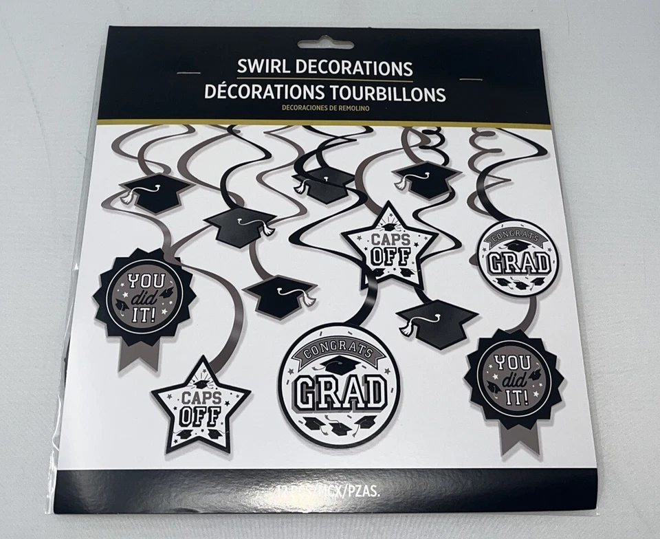 Decoraciones de fiesta de graduación valor graduado paquete de 12 piezas decoración remolino blanco/negro Foto 1 de 2